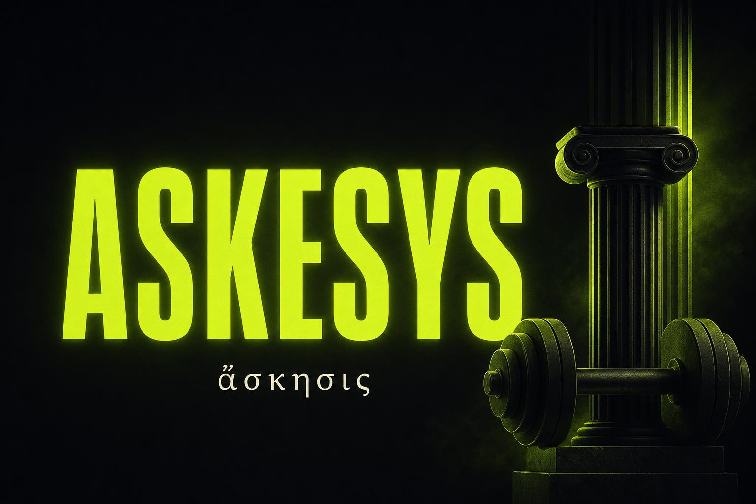 Marca Askesys com a inscrição grega ἄσκησις, coluna jônica e haltere